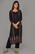Kaajh Women's Blue Gold Printed Kurta Pant Set