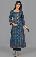 Kaajh Women's Blue Gold Print Long Kurta Pant Set