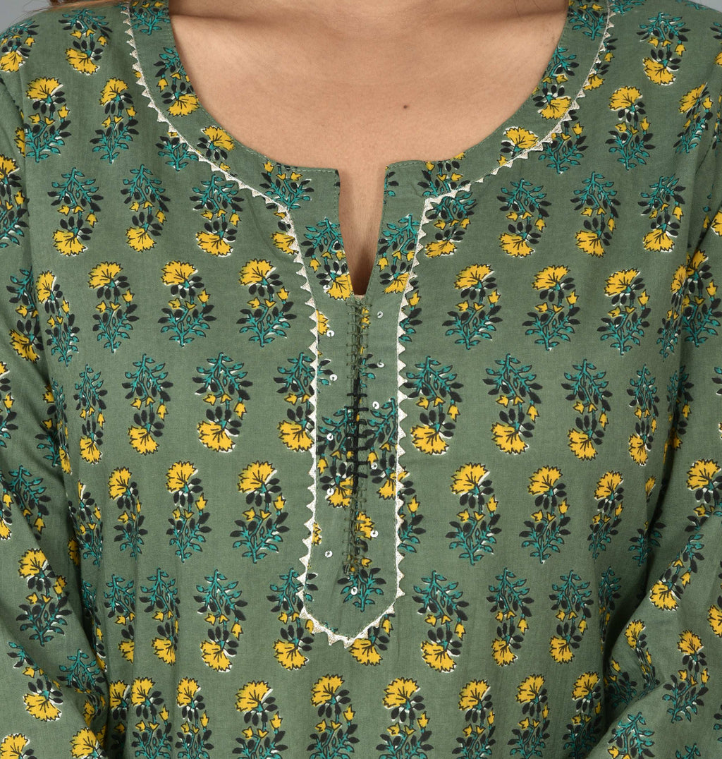 Kaajh Green Floral Print Cotton Suit Set For Women