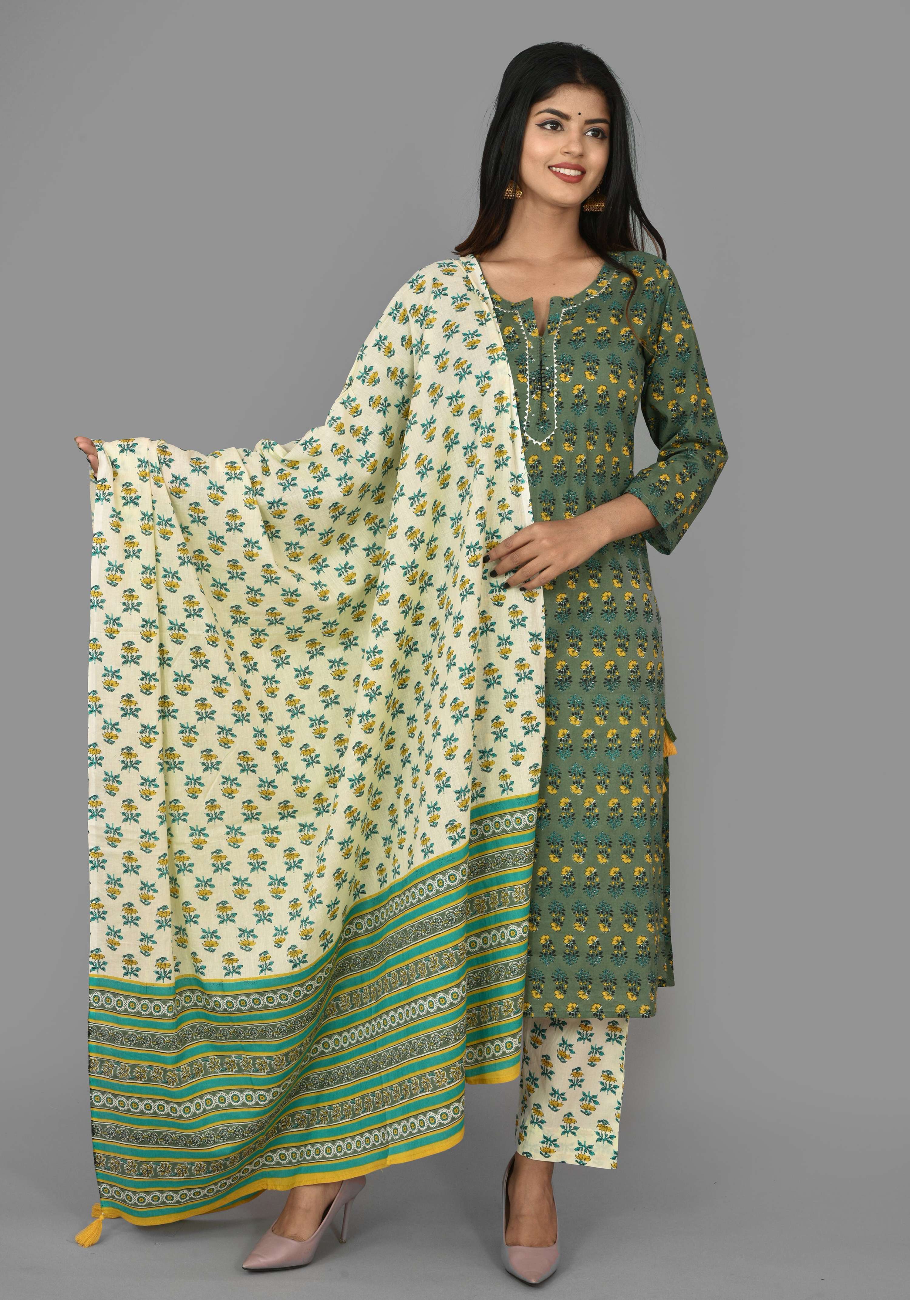 Kaajh Green Floral Print Cotton Suit Set For Women
