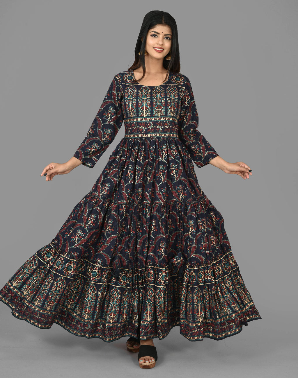 Kaajh Women's Blue Gold Printed Ethnic Anarkali Kurta