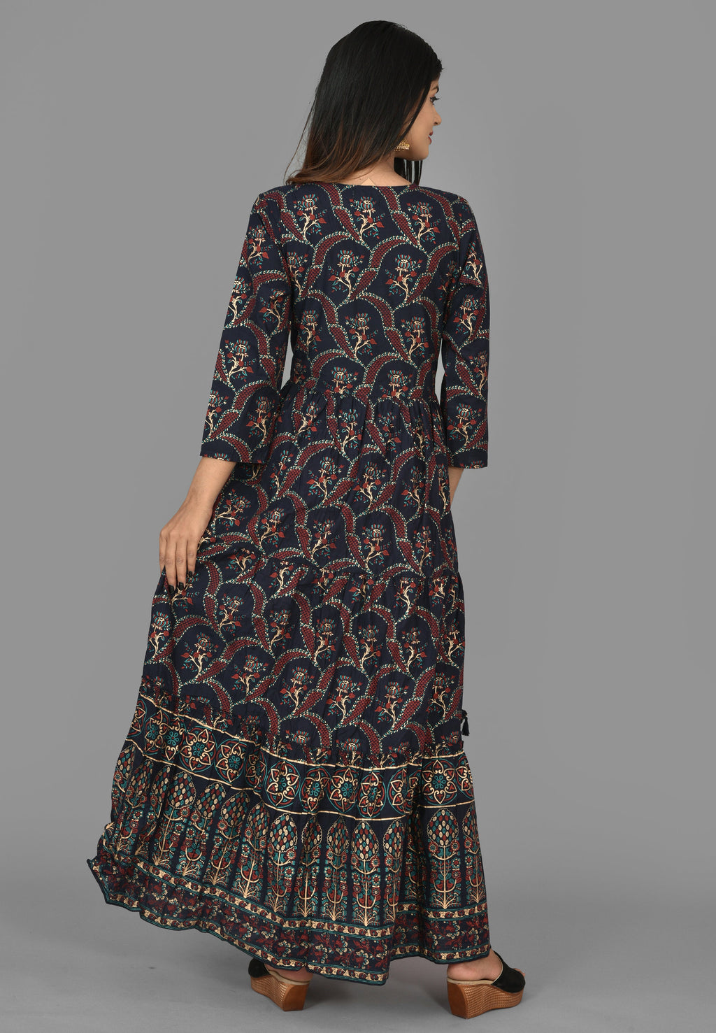 Kaajh Women's Blue Gold Printed Ethnic Anarkali Kurta