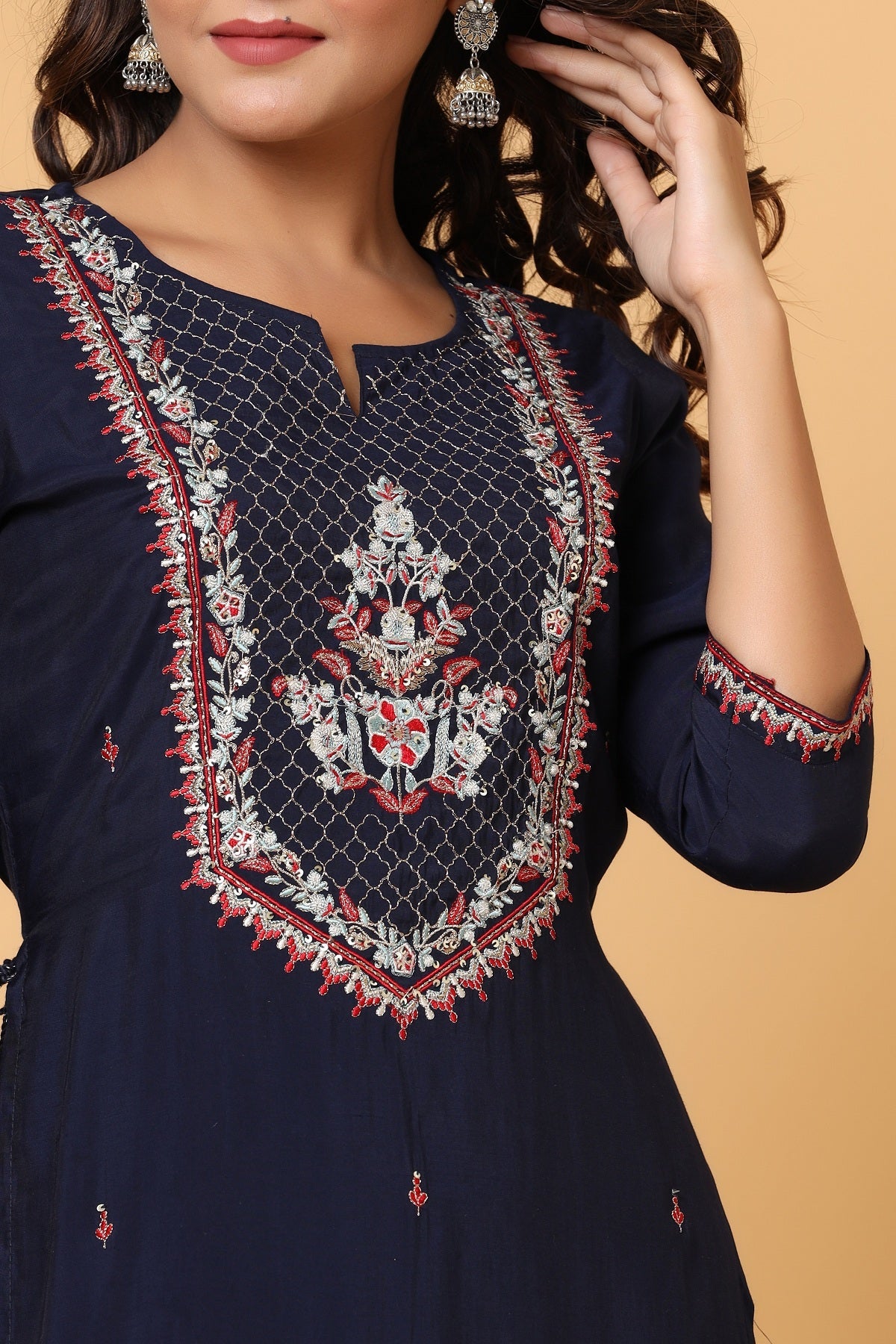 Kaajh Women's Blue Embroidery Chanderi Ethnic Kurta
