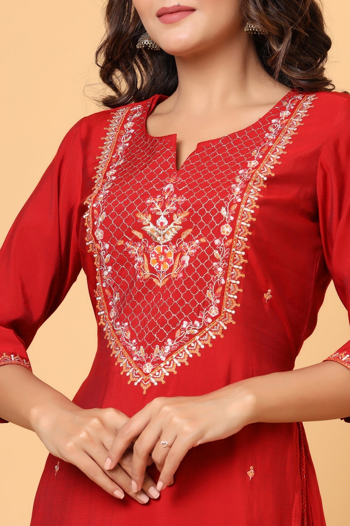 Kaajh Women's Red Embroidery Chanderi Ethnic Kurta