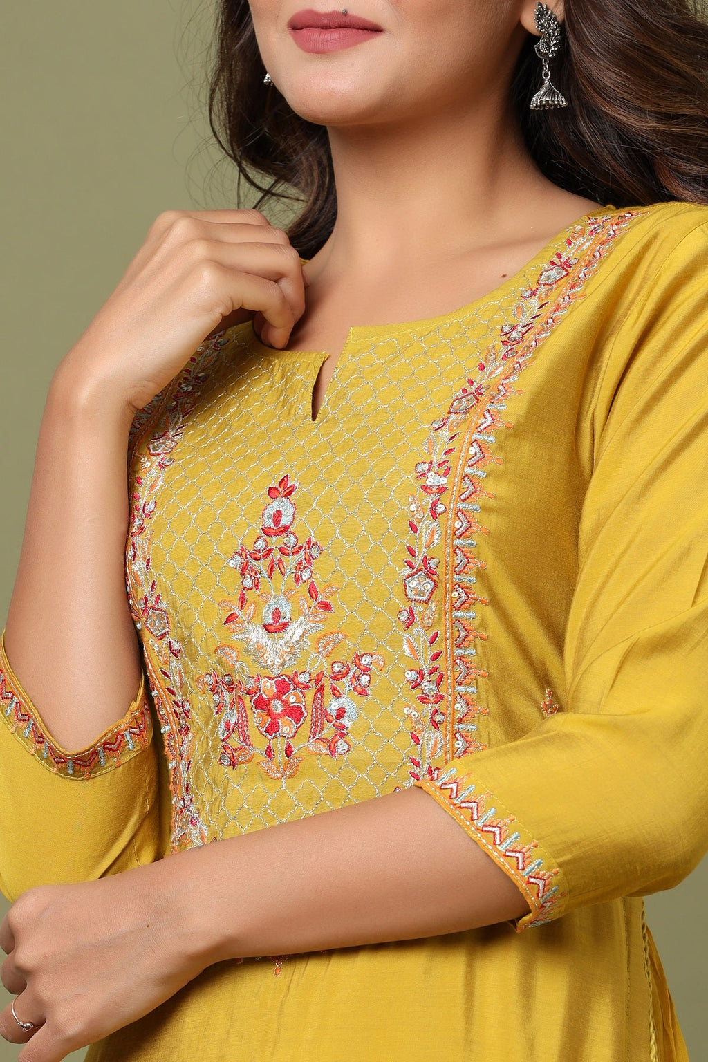 Kaajh Women's Yellow Embroidery Chanderi Ethnic Kurta