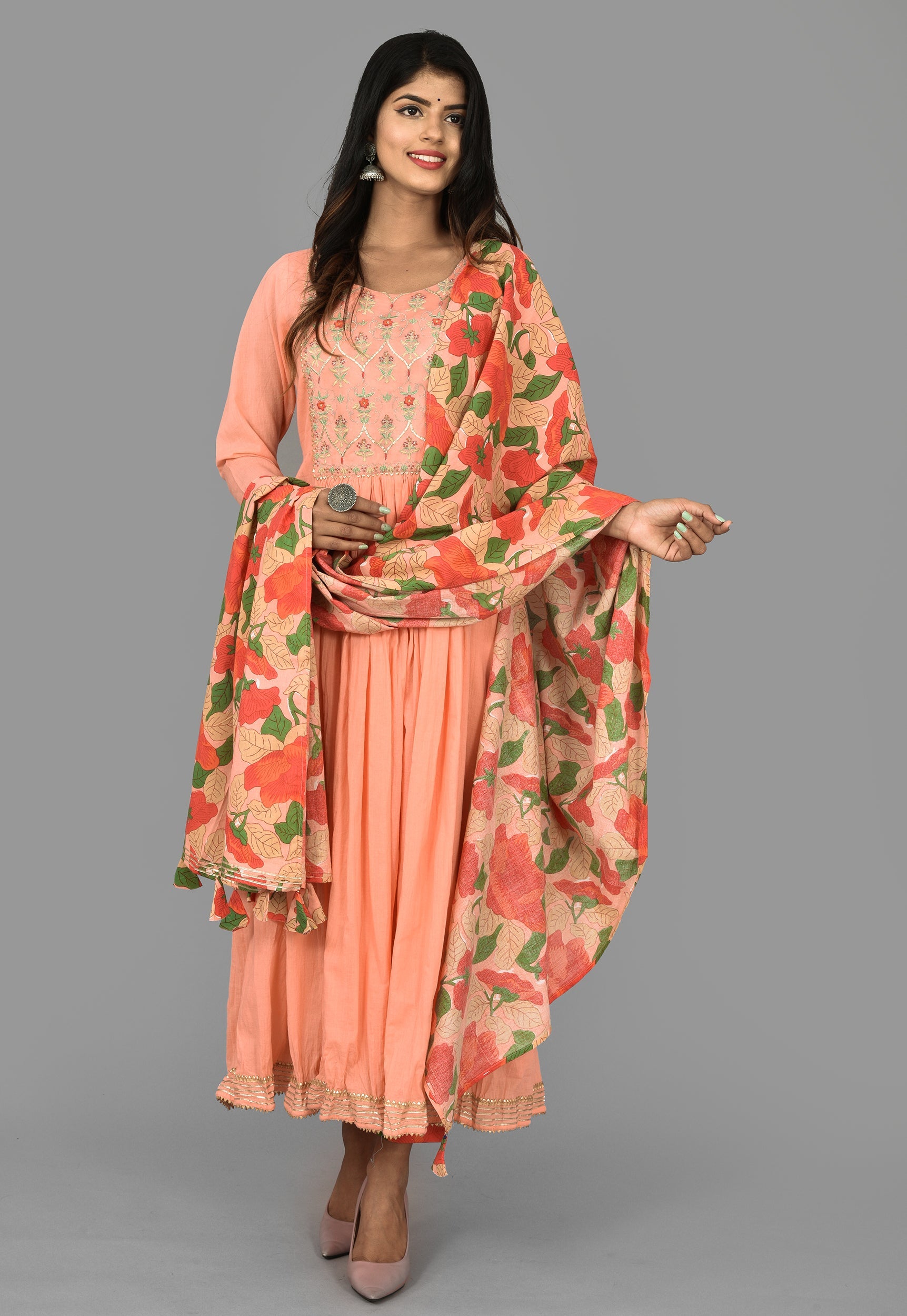 Kaajh Women's Peach Floral Print Anarkali Suit Set