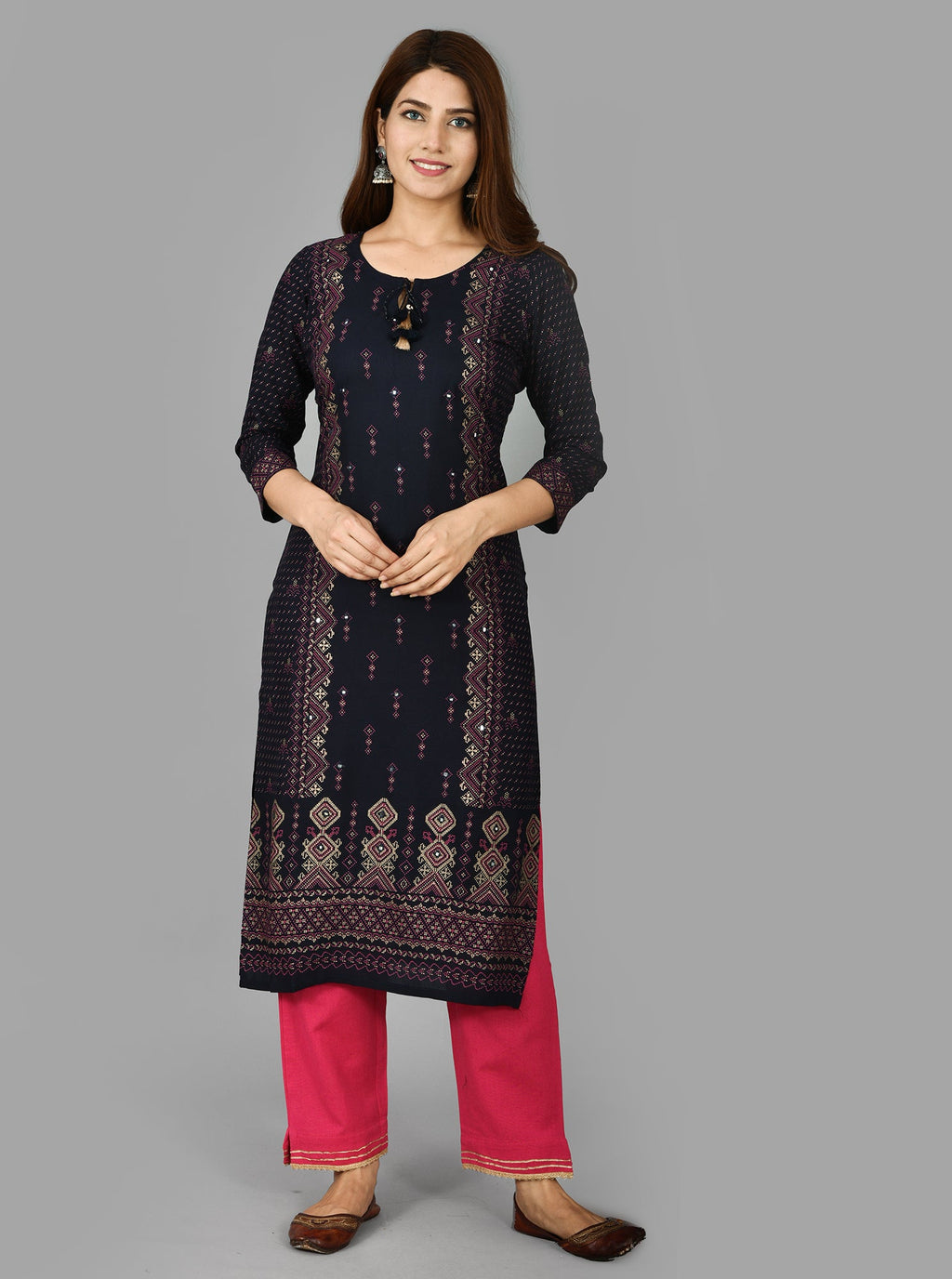 Kaajh Women's Blue Printed Rayon Stitched Kurta Pant Set