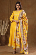 Kaajh Women's Yellow Mirror Embroidery Anarkali Suit Set