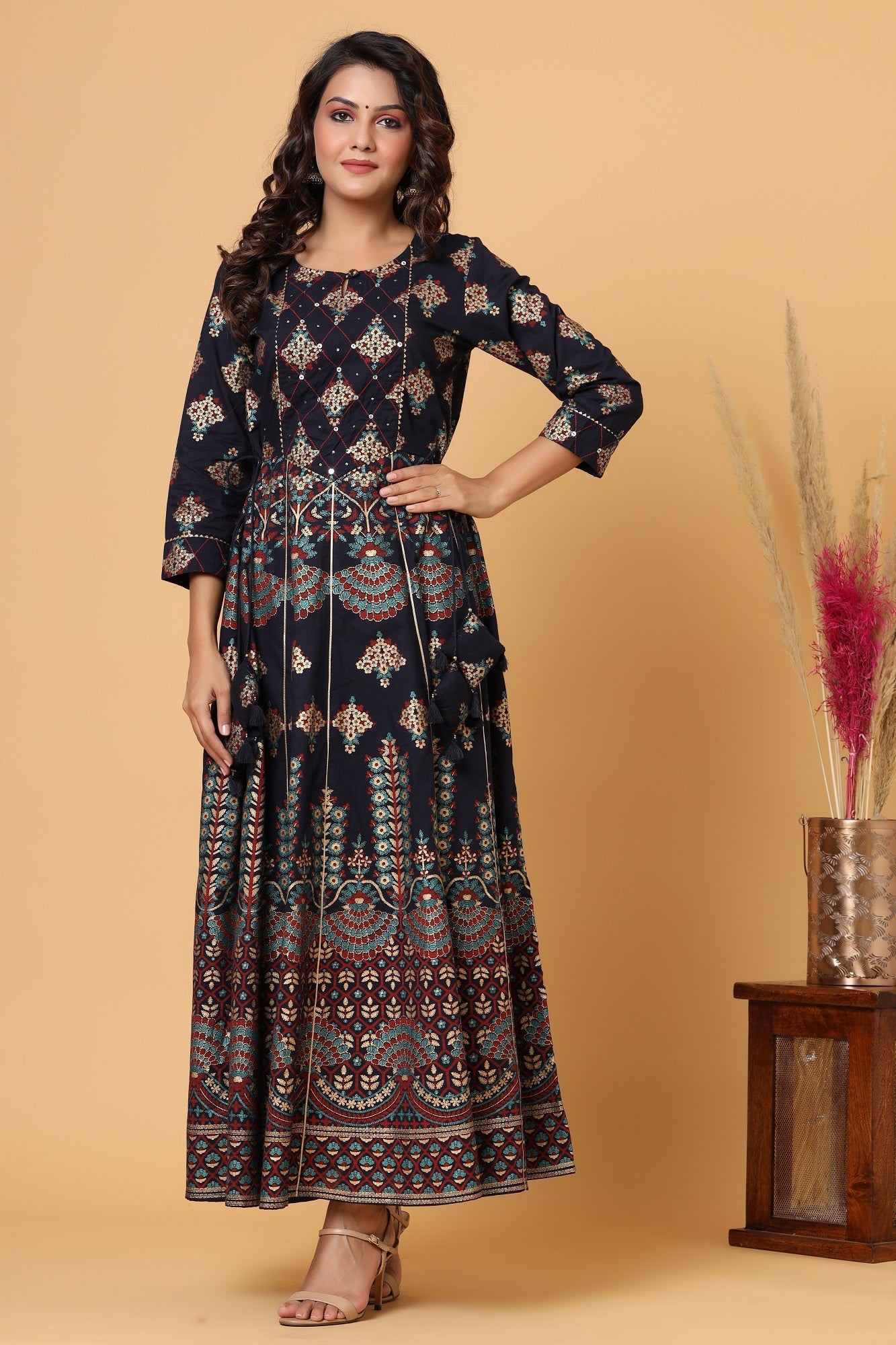 Kaajh Blue Gold Printed Embellishment Anarkali Kurta For Women