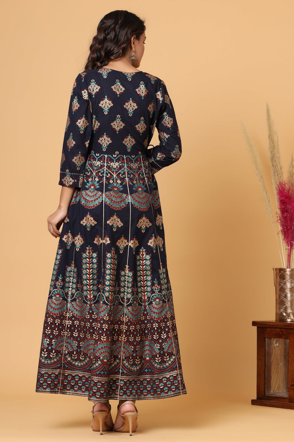 Kaajh Blue Gold Printed Embellishment Anarkali Kurta For Women