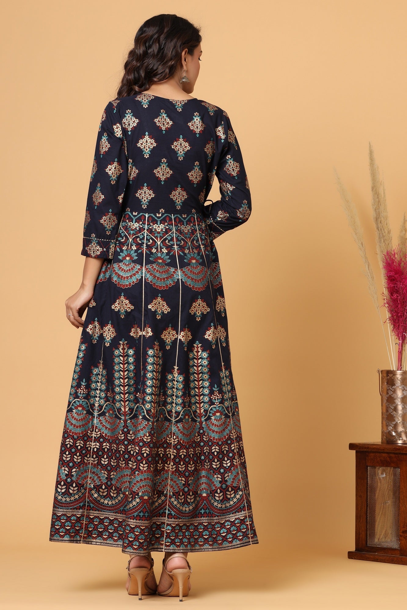 Kaajh Blue Gold Printed Embellishment Anarkali Kurta For Women