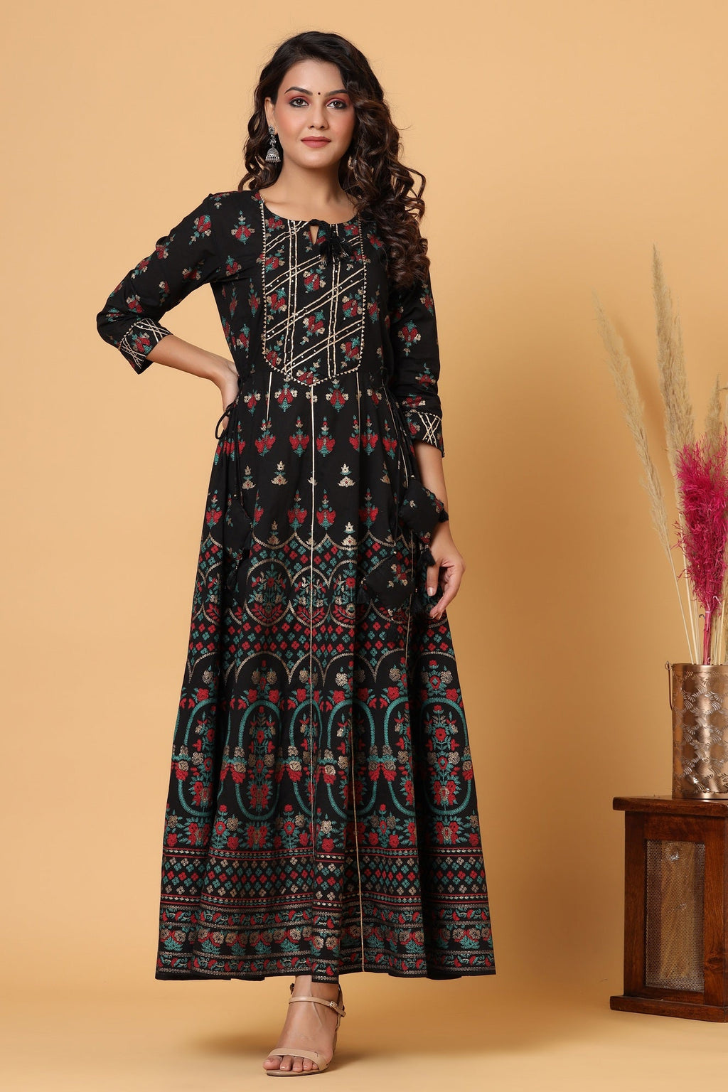 Kaajh Women's Black Gold Printed Embellishment Anarkali Kurta