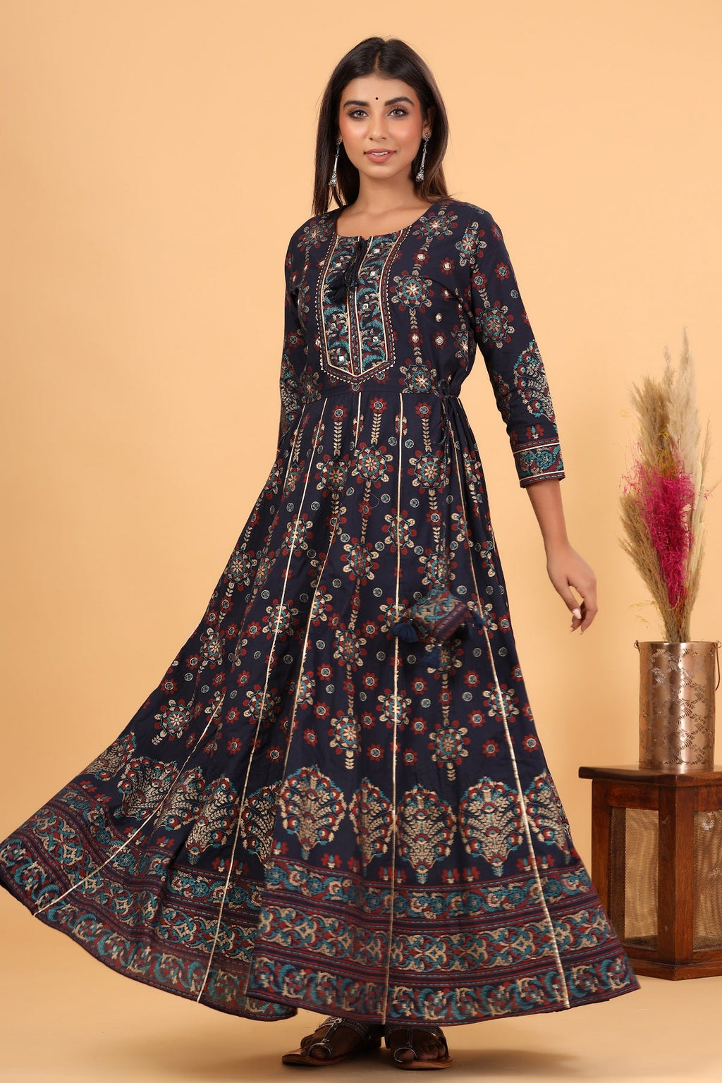 Kaajh Women's Blue Gold Printed Embellishment Anarkali Kurta