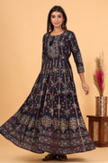 Kaajh Women's Blue Gold Printed Embellishment Anarkali Kurta