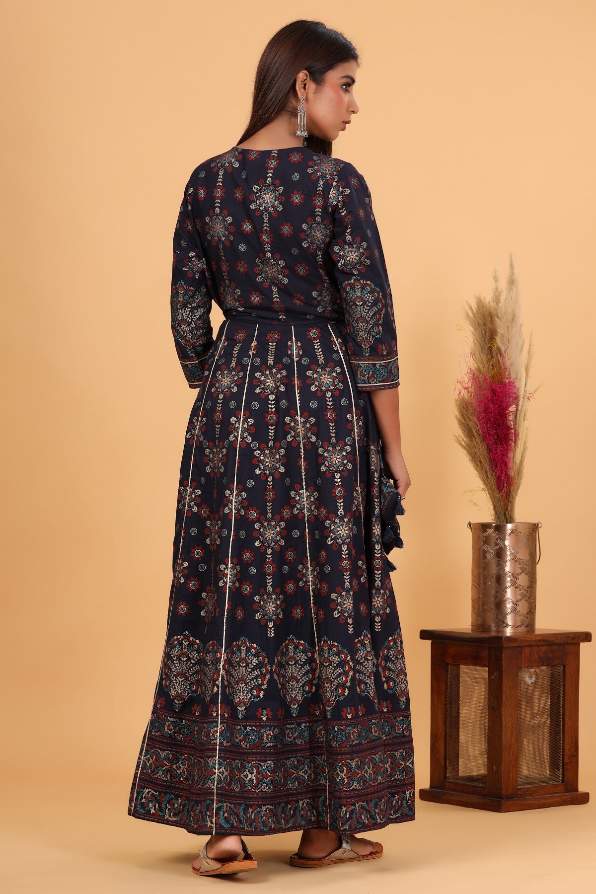 Kaajh Women's Blue Gold Printed Embellishment Anarkali Kurta