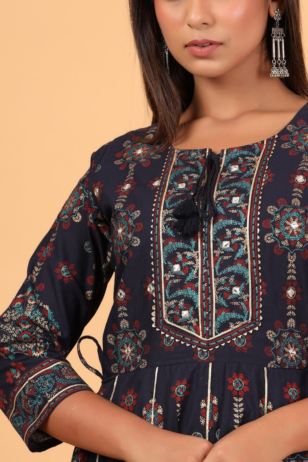 Kaajh Women's Blue Gold Printed Embellishment Anarkali Kurta