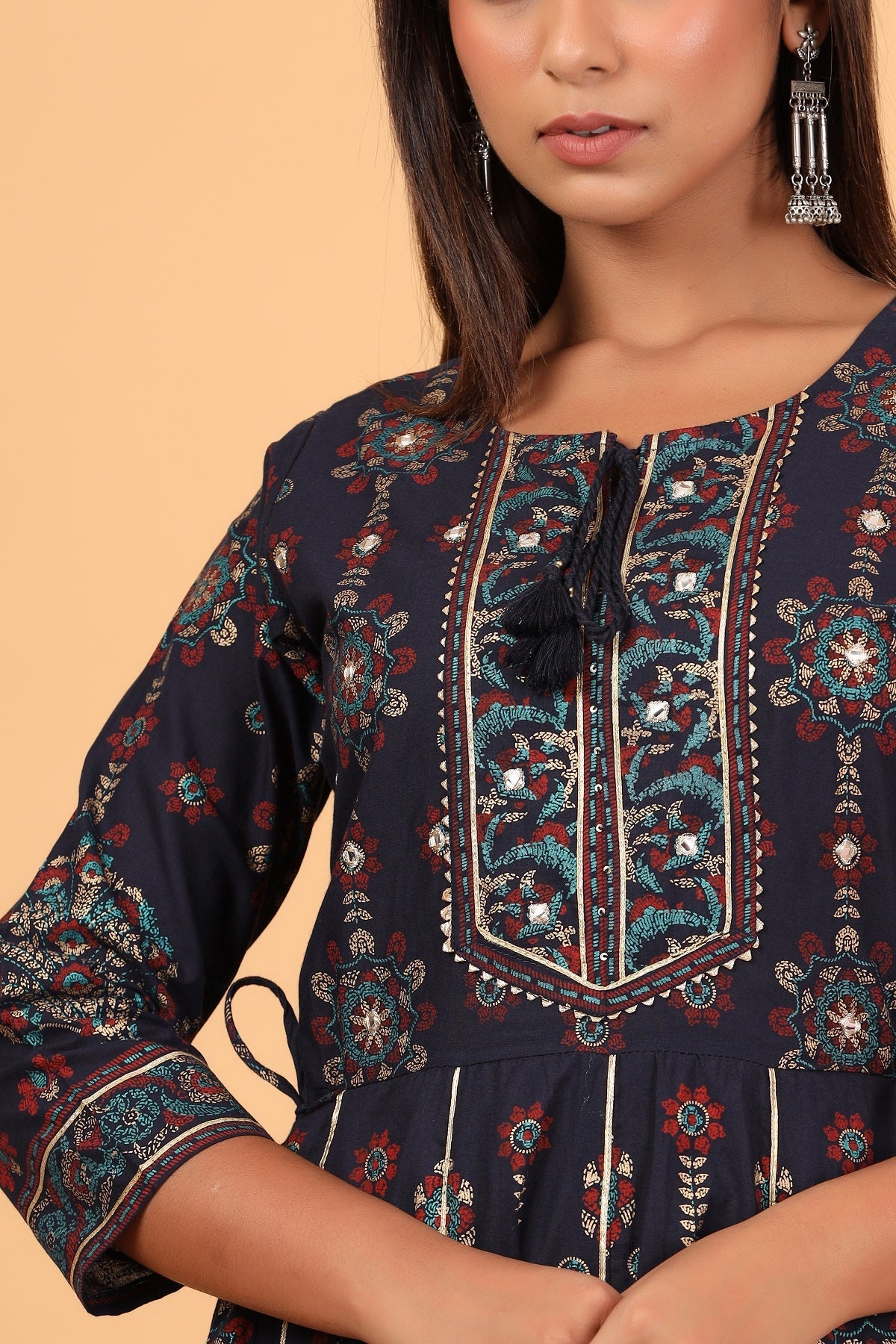 Kaajh Women's Blue Gold Printed Embellishment Anarkali Kurta