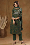 Kaajh Women's Green Bandhej Embroidery Suit Set