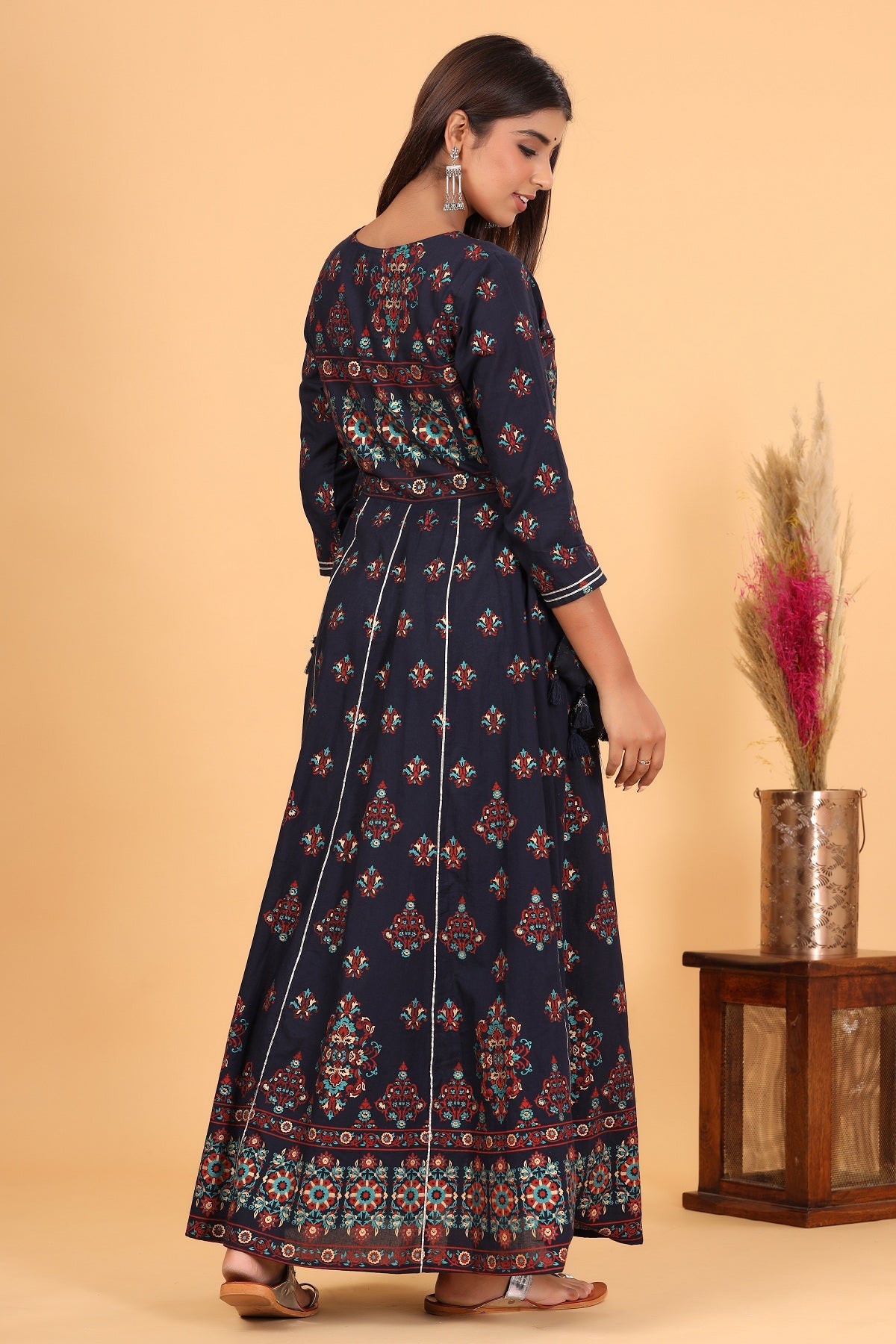 Kaajh Women's Blue Gold Print Embellishment Anarkali Kurta