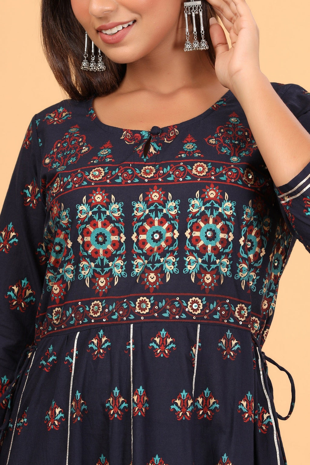 Kaajh Women's Blue Gold Print Embellishment Anarkali Kurta