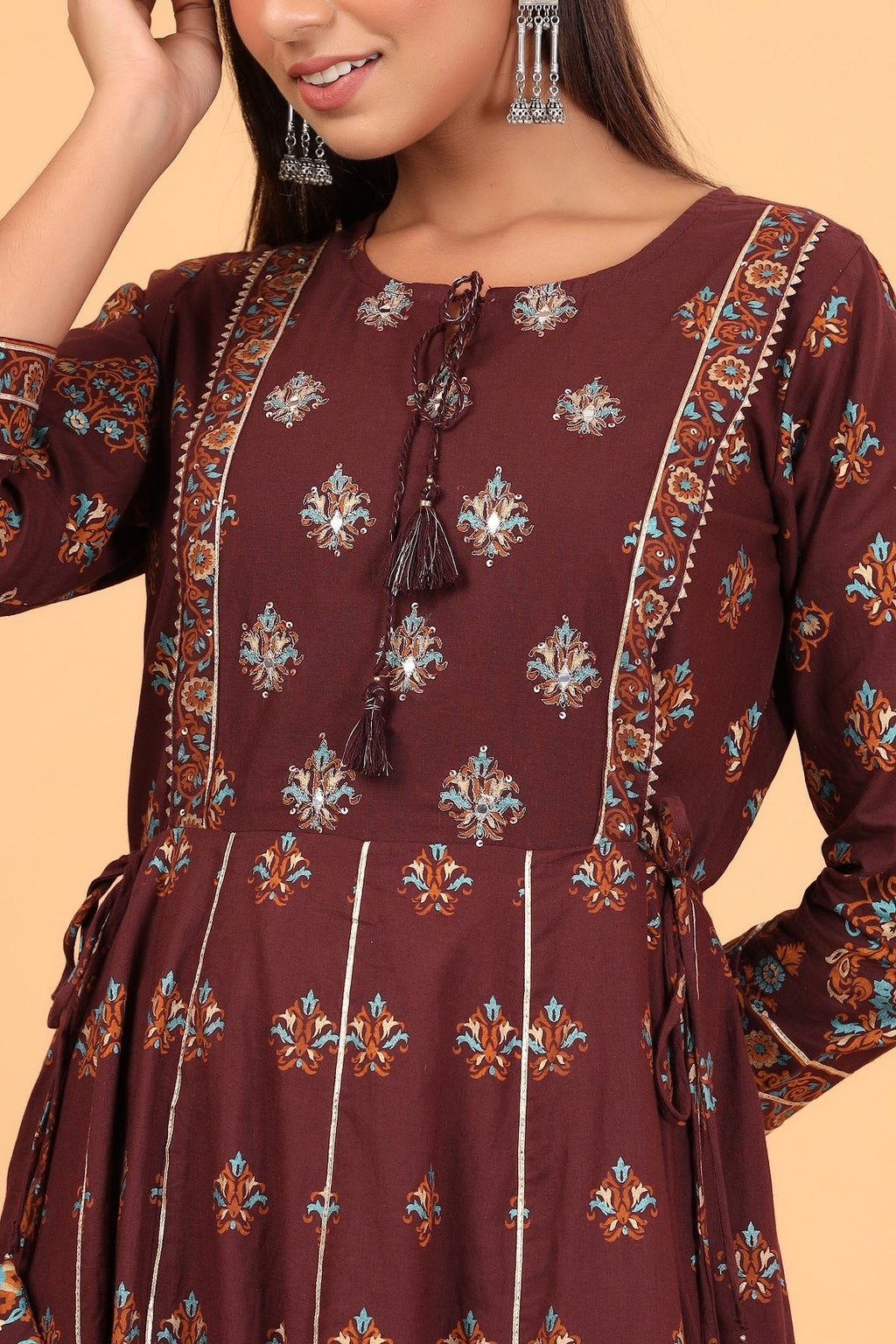 Kaajh Women's Maroon Printed Embellishment Anarkali Kurta