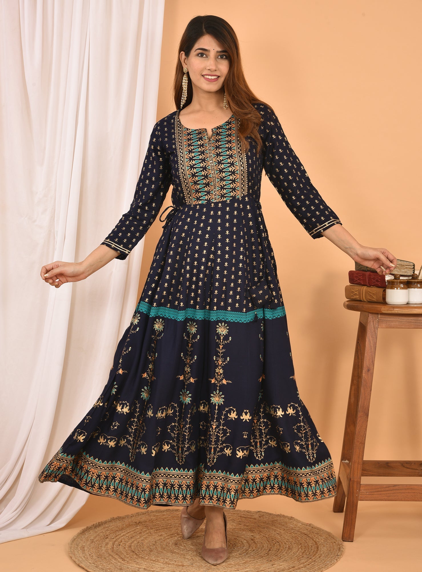Kaajh Women's Blue Green Gold Print Embellishment Anarkali Kurta