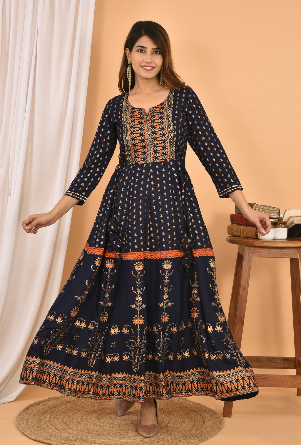 Kaajh Women's Blue Orange Gold Print Embellishment Anarkali Kurta