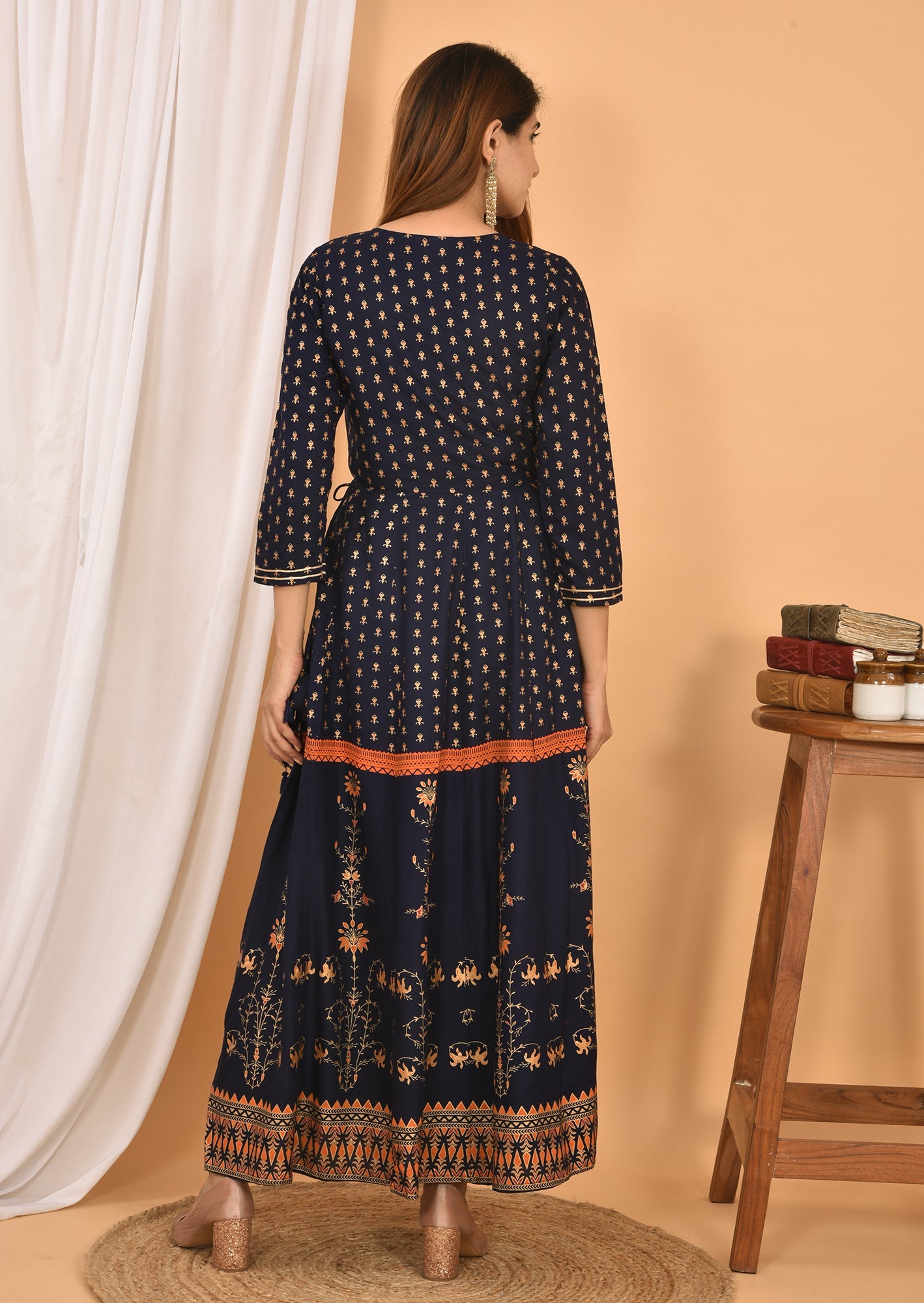Kaajh Women's Blue Orange Gold Print Embellishment Anarkali Kurta