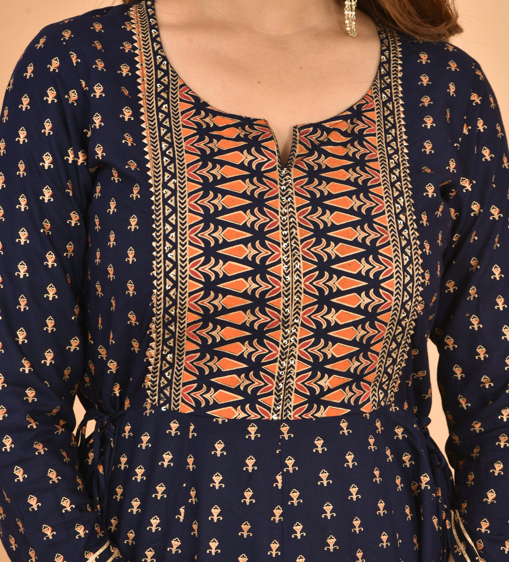 Kaajh Women's Blue Orange Gold Print Embellishment Anarkali Kurta