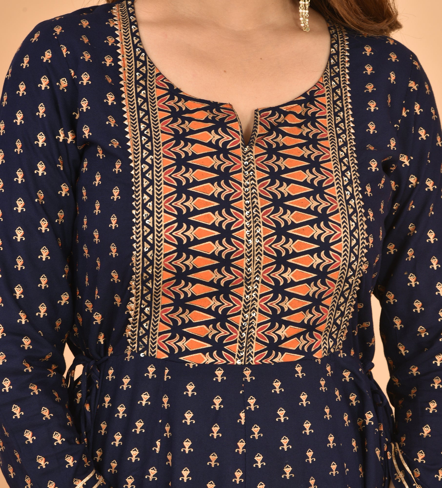Kaajh Women's Blue Orange Gold Print Embellishment Anarkali Kurta