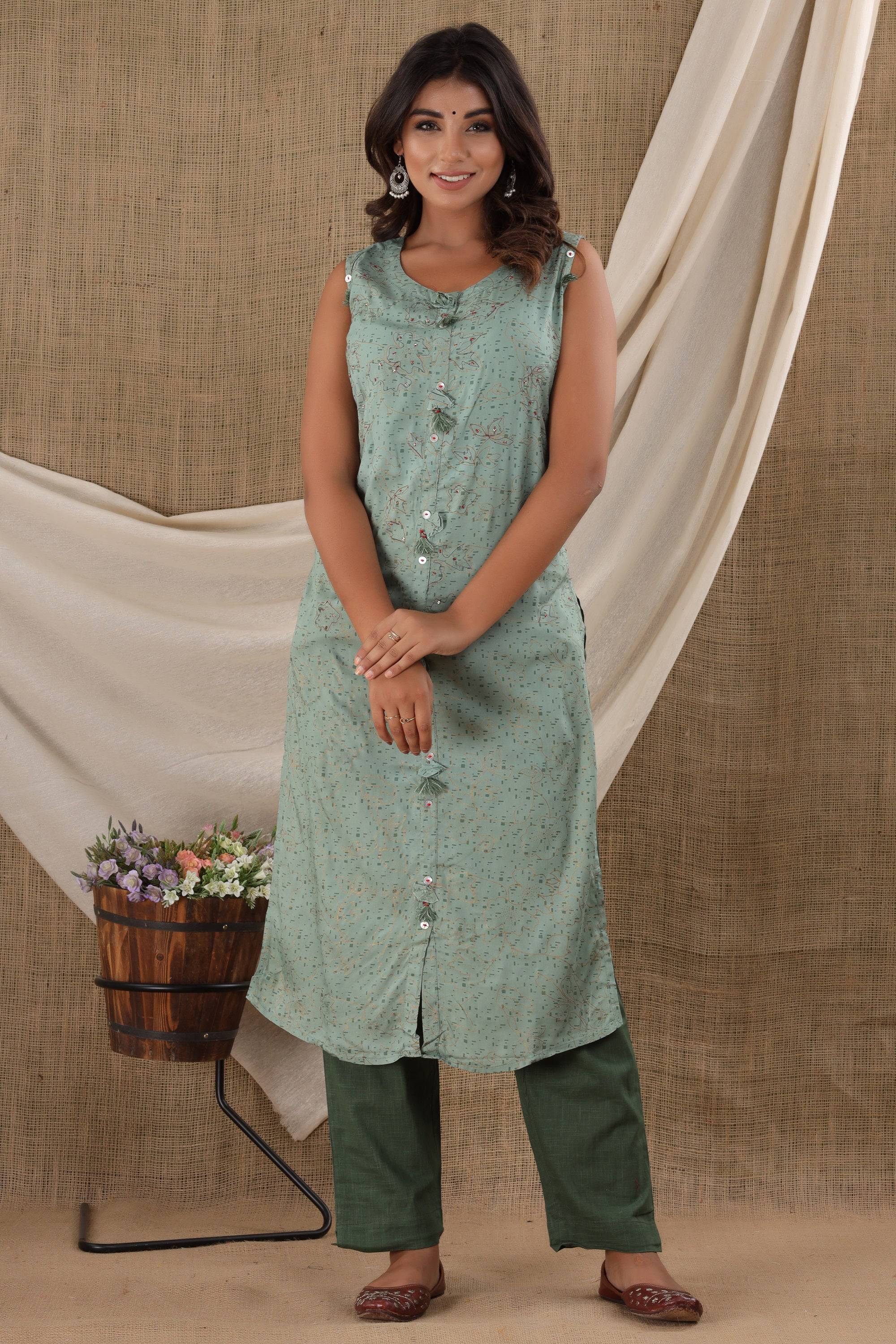 Kaajh Women's Green Sleeveless Casual Kurta Pant Set