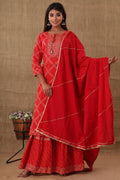 Kaajh Women's Red Bandhej Embellishment Suit Set