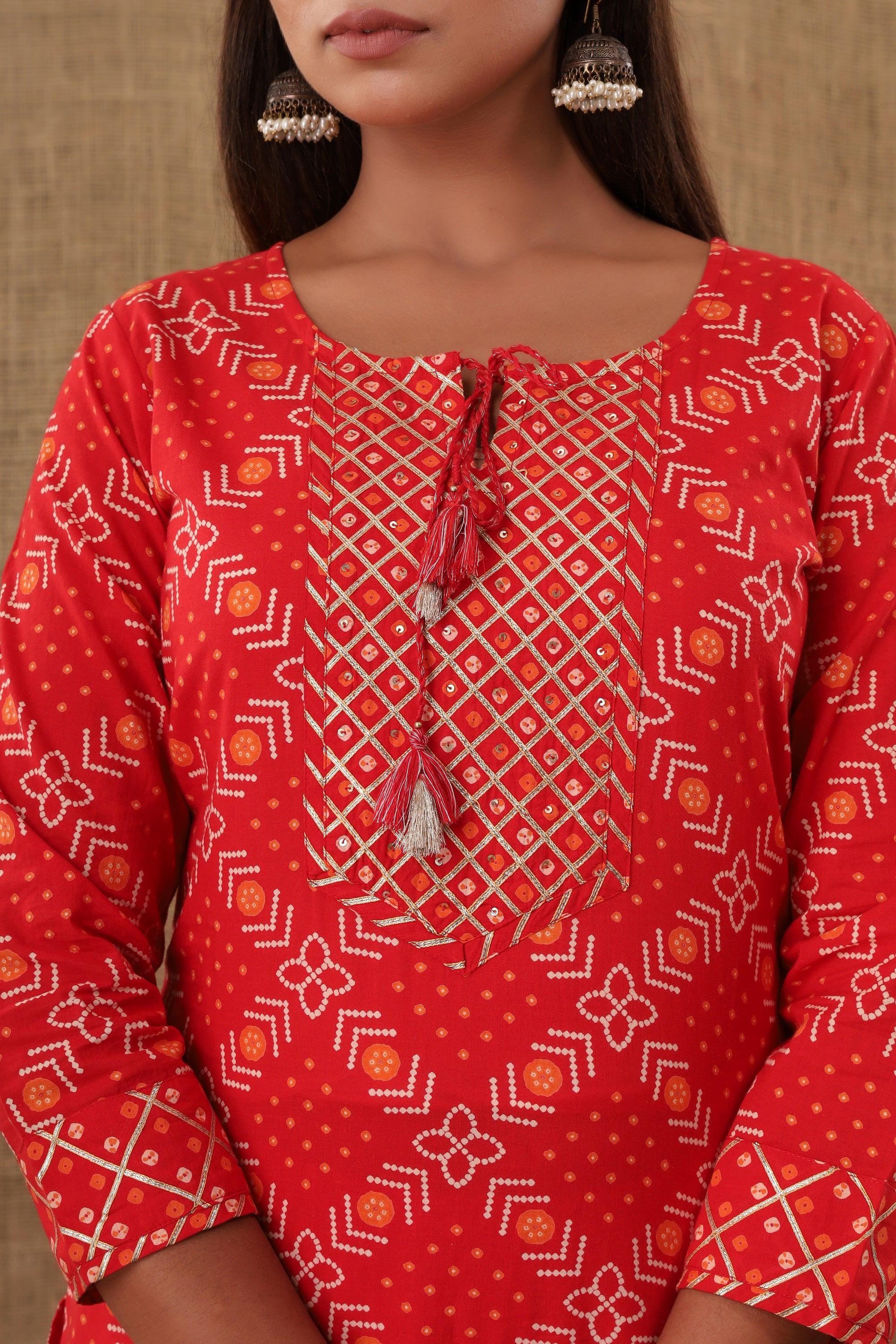 Kaajh Women's Red Bandhej Embellishment Suit Set