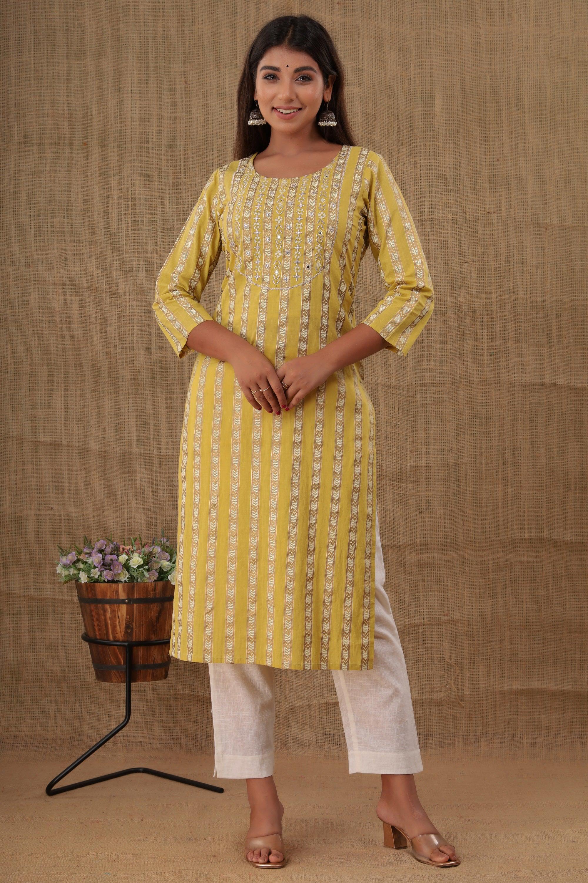 Kaajh Women's Yellow Mirror Embroidery Kurta Pant Set
