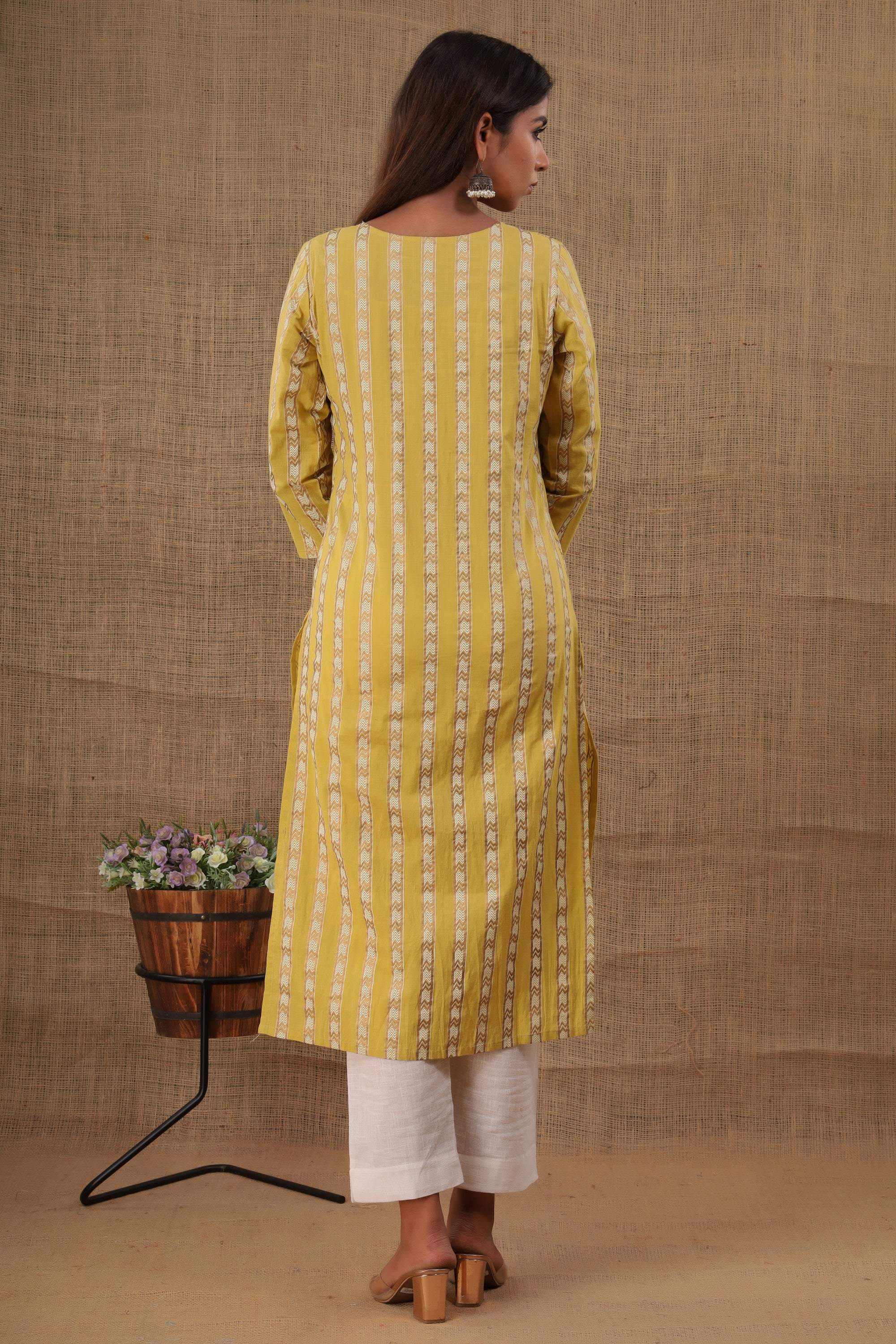 Kaajh Women's Yellow Mirror Embroidery Kurta Pant Set