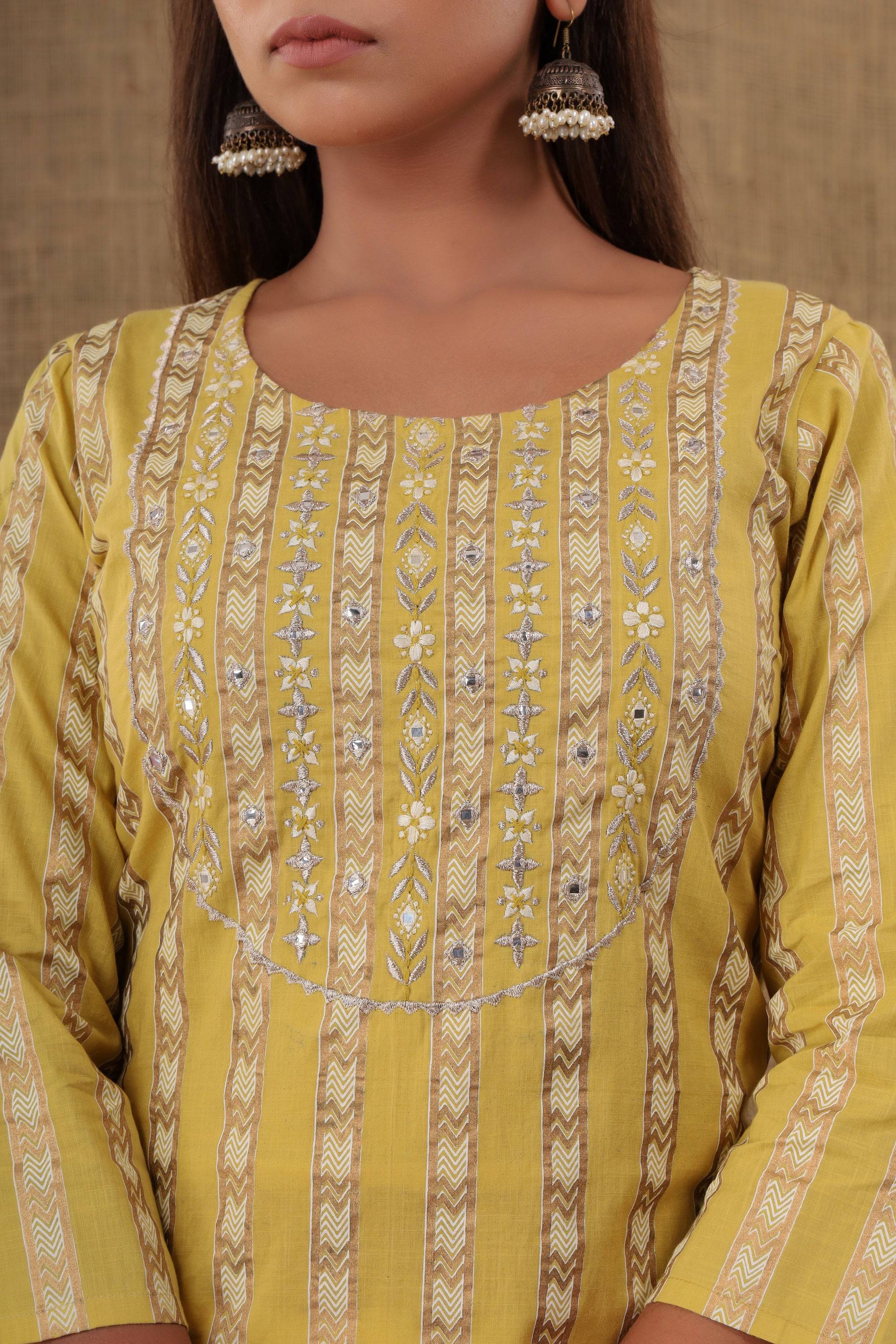 Kaajh Women's Yellow Mirror Embroidery Kurta Pant Set