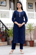 Kaajh Women's Blue Gold Printed Modal Silk Kurta Pant Set