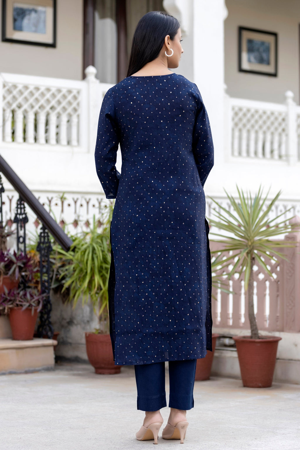 Kaajh Women's Blue Gold Printed Modal Silk Kurta Pant Set