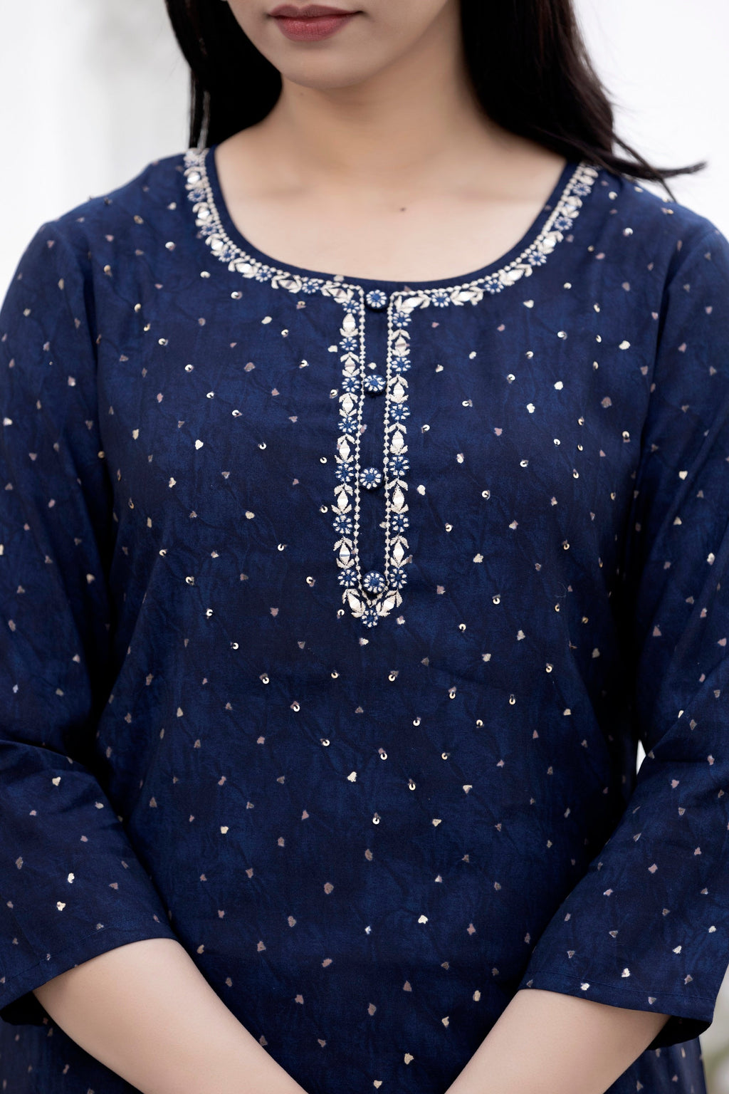 Kaajh Women's Blue Gold Printed Modal Silk Kurta Pant Set