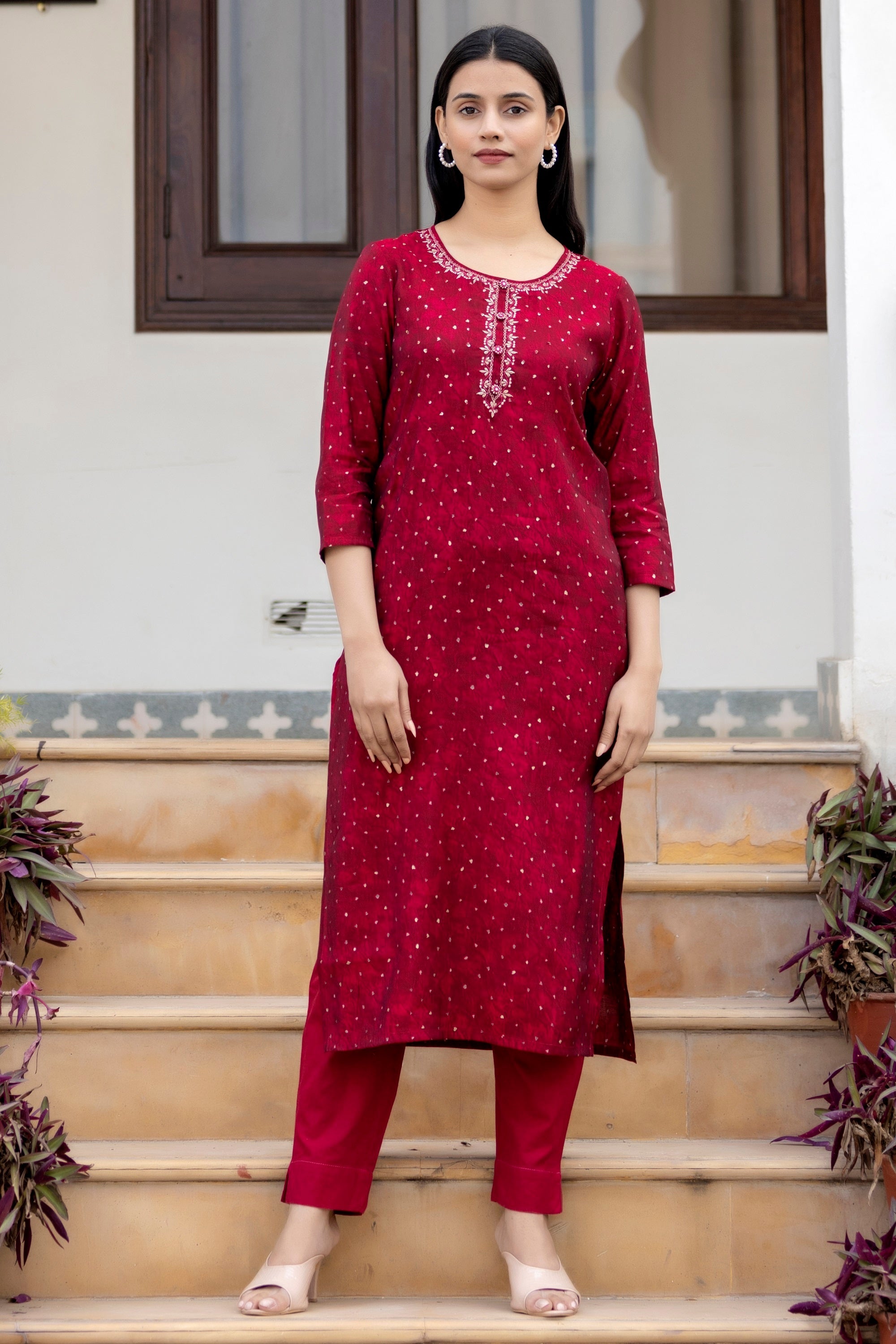 Kaajh Women's Maroon Gold Printed Modal Silk Kurta Pant Set