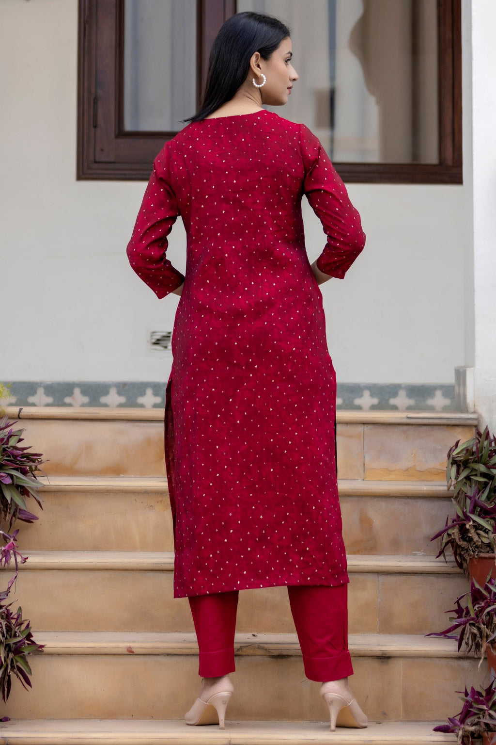 Kaajh Women's Maroon Gold Printed Modal Silk Kurta Pant Set