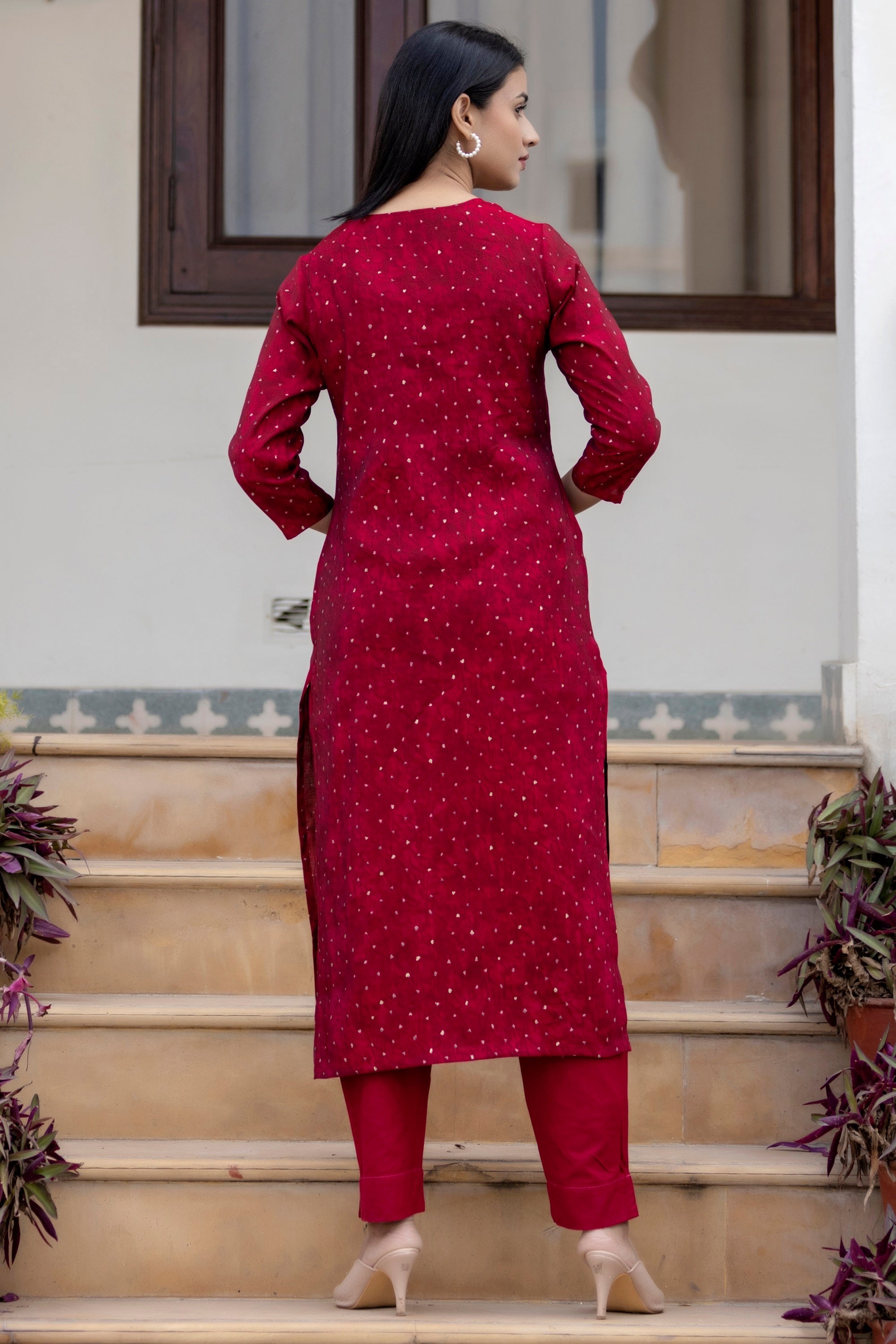Kaajh Women's Maroon Gold Printed Modal Silk Kurta Pant Set