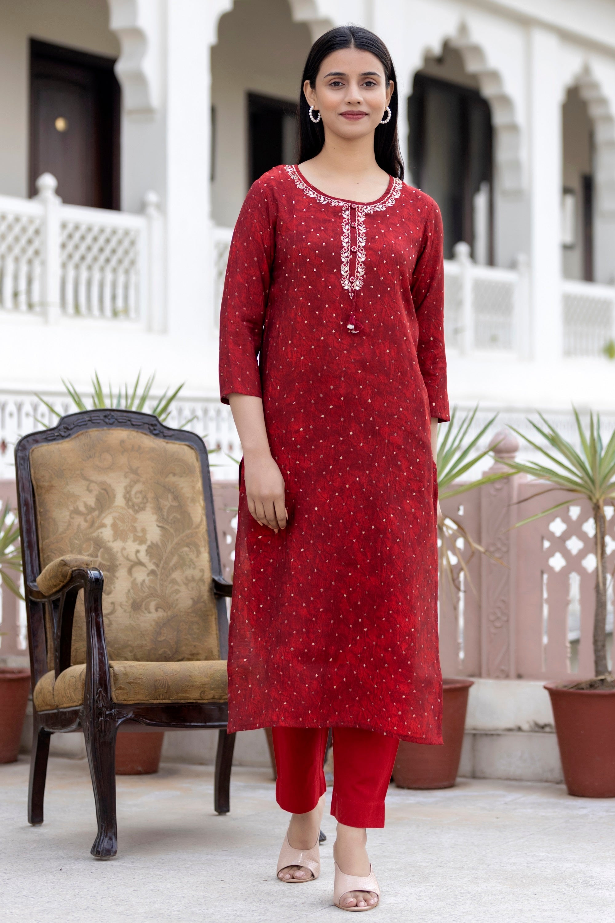 Kaajh Women's Red Gold Printed Modal Silk Kurta Pant Set