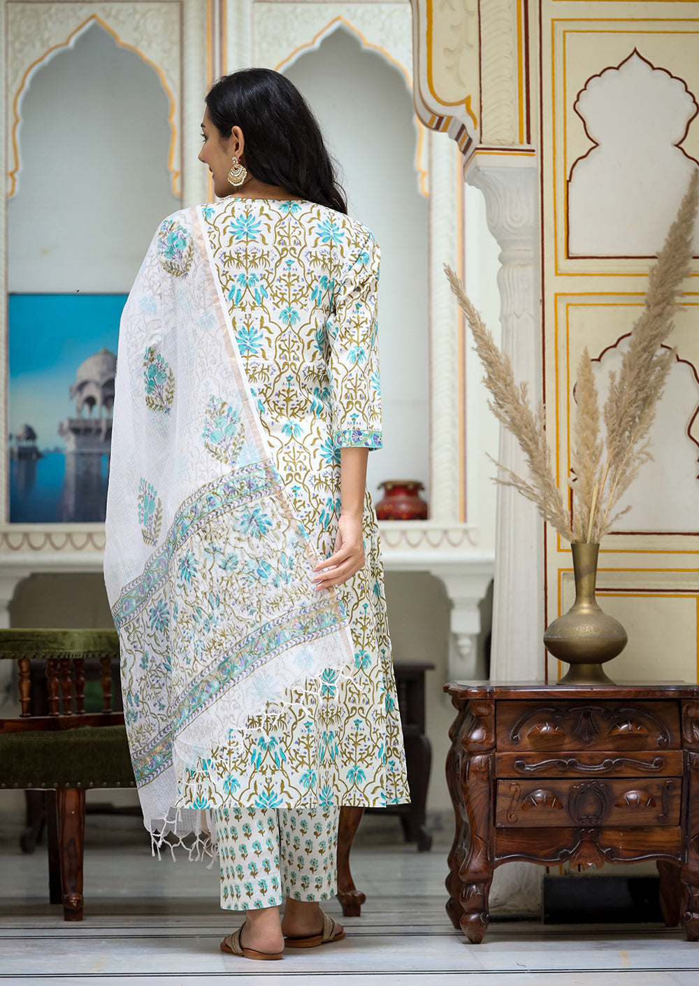 Kaajh Women's White-Green Cotton Handblock Kurta Pant Set With Dupatta