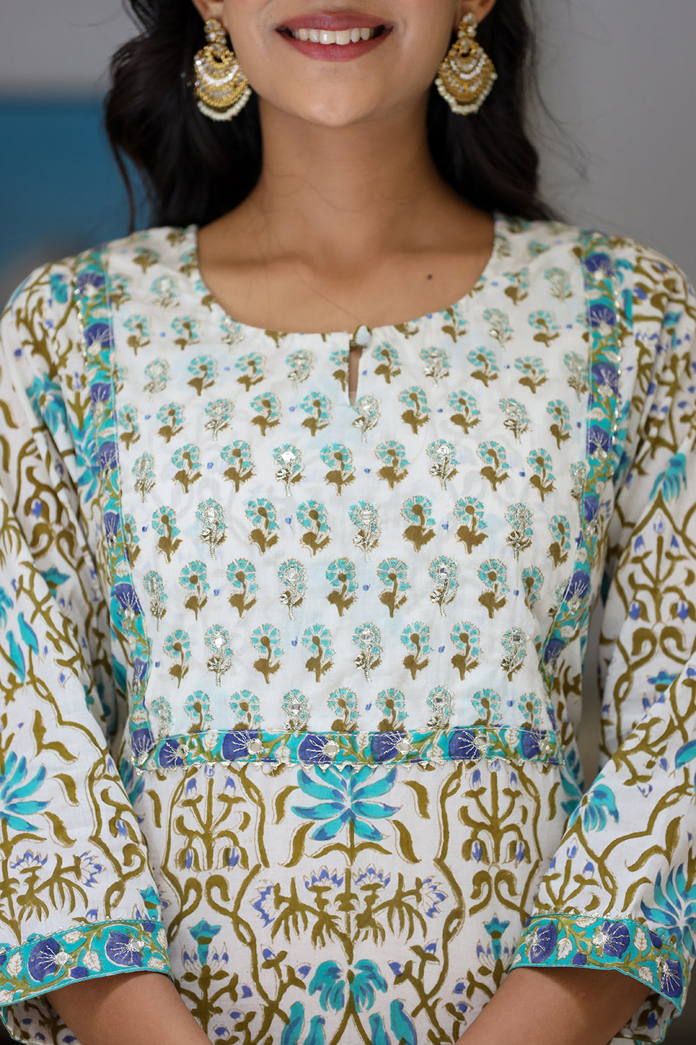 Kaajh Women's White-Green Cotton Handblock Kurta Pant Set With Dupatta