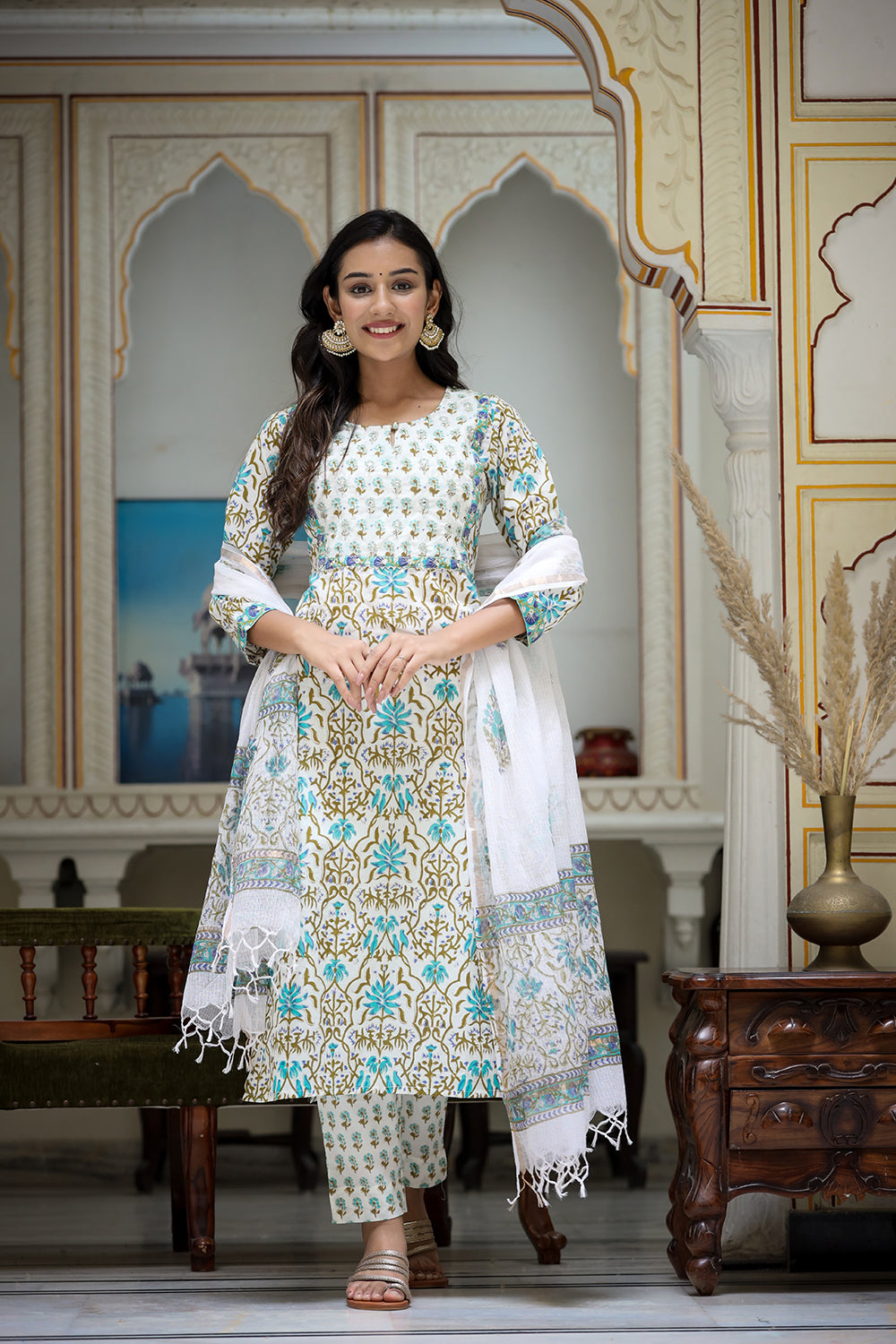 Kaajh Women's White-Green Cotton Handblock Kurta Pant Set With Dupatta