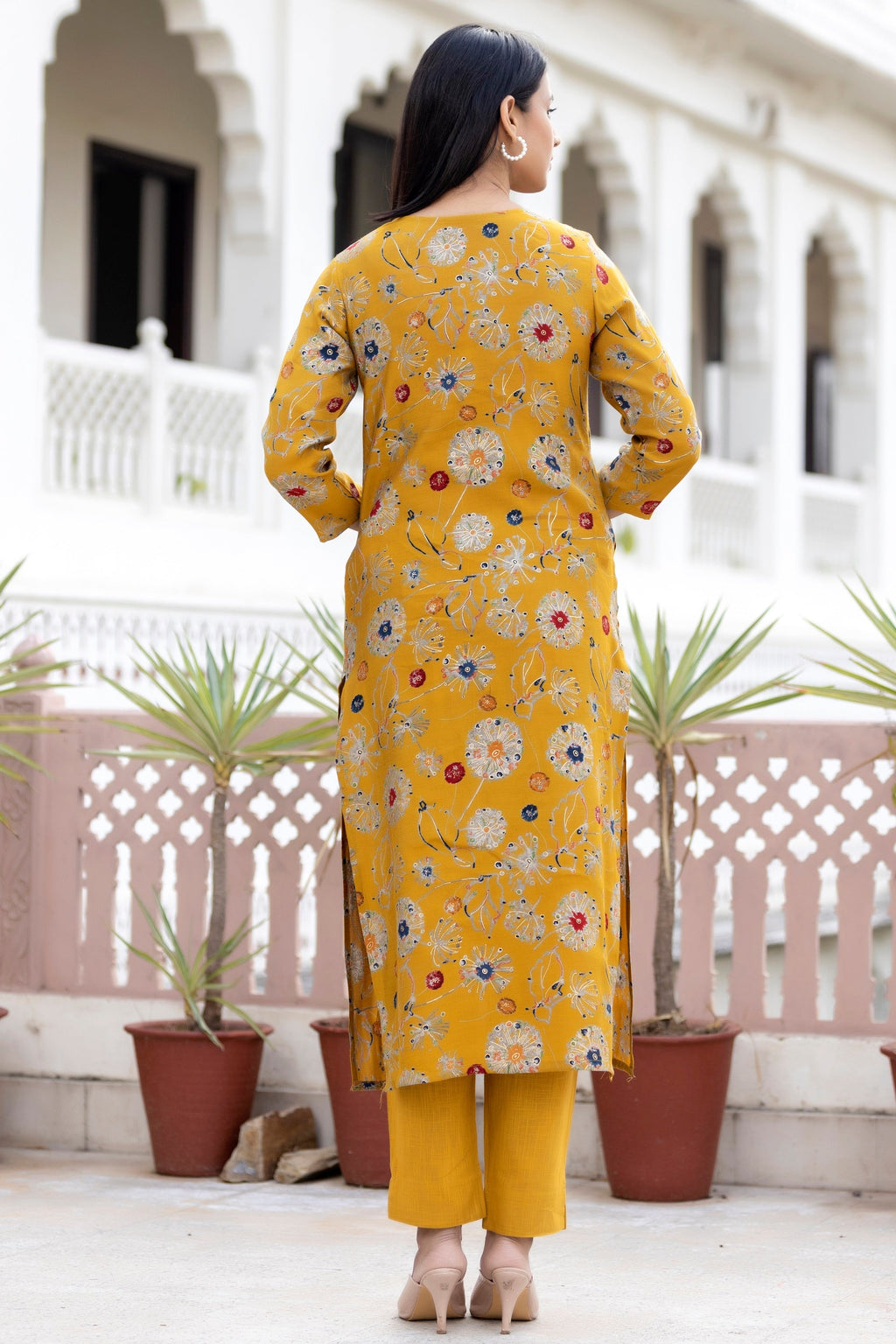 Kaajh Women's Yellow Floral Printed Modal Silk Kurta Pant Set