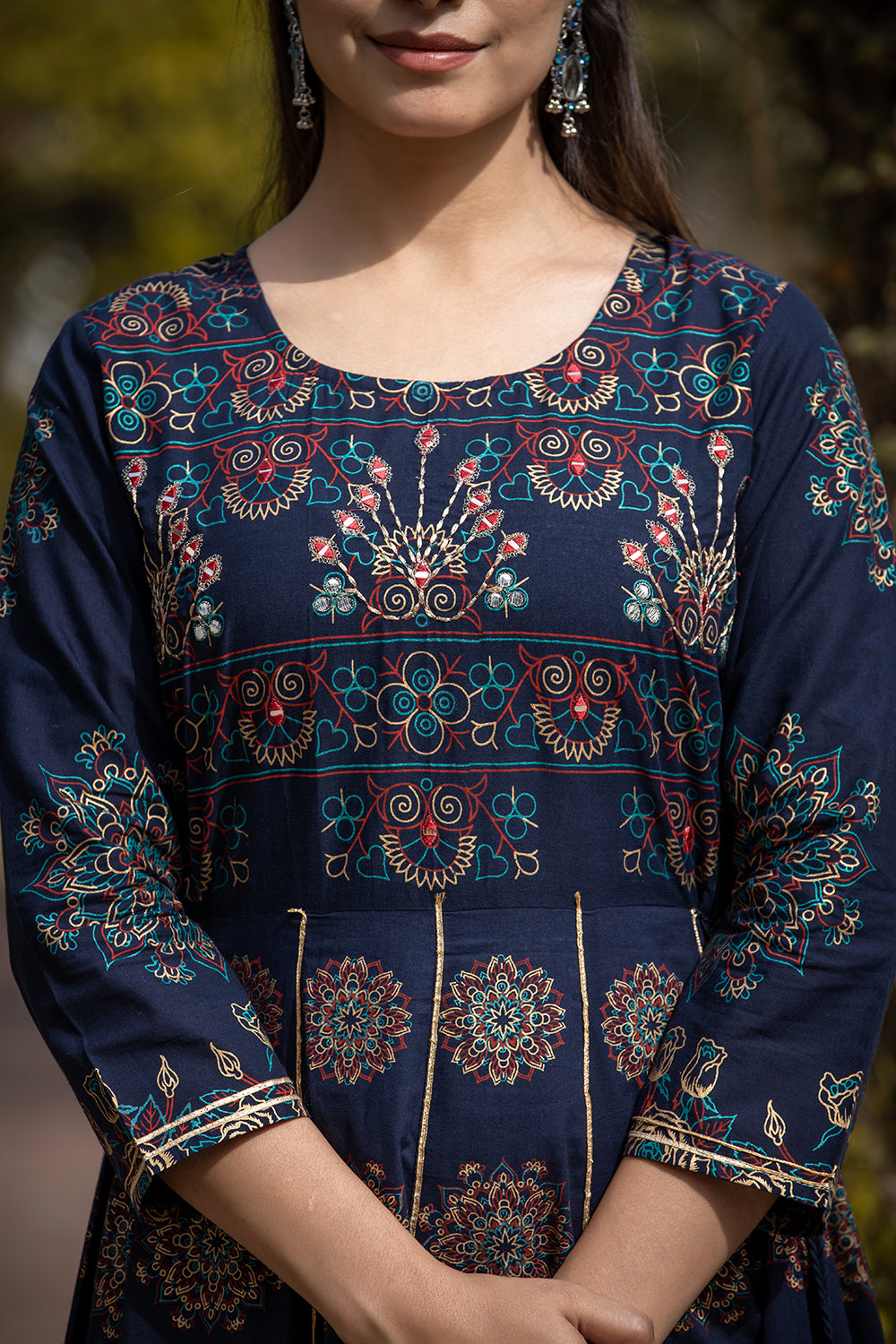 Kaajh Women's Blue Gold Printed Ethnic Gown