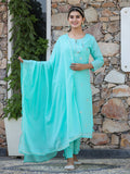 Kaajh Woman's Green Mirror Embellished Cotton Kurta Pant And Dupatta Set