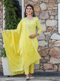 Kaajh Woman's Yellow Mirror Embellished Cotton Kurta Pant And Dupatta Set
